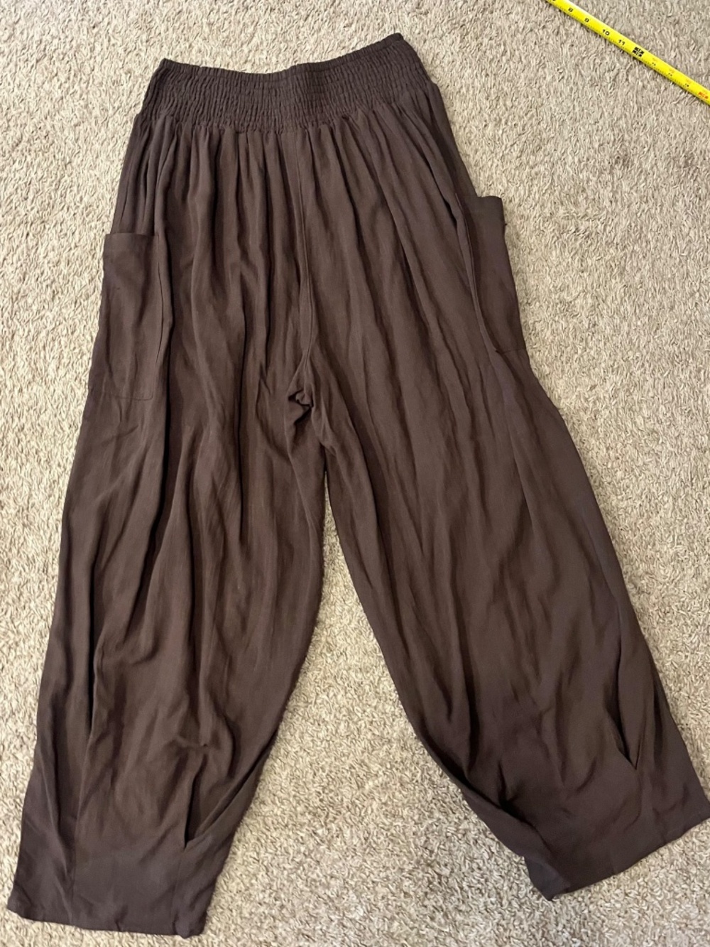 Tarse Brown Smocked Waist Barrel Leg Harem Pants Oversized Pockets Wide Leg - Picture 5 of 7